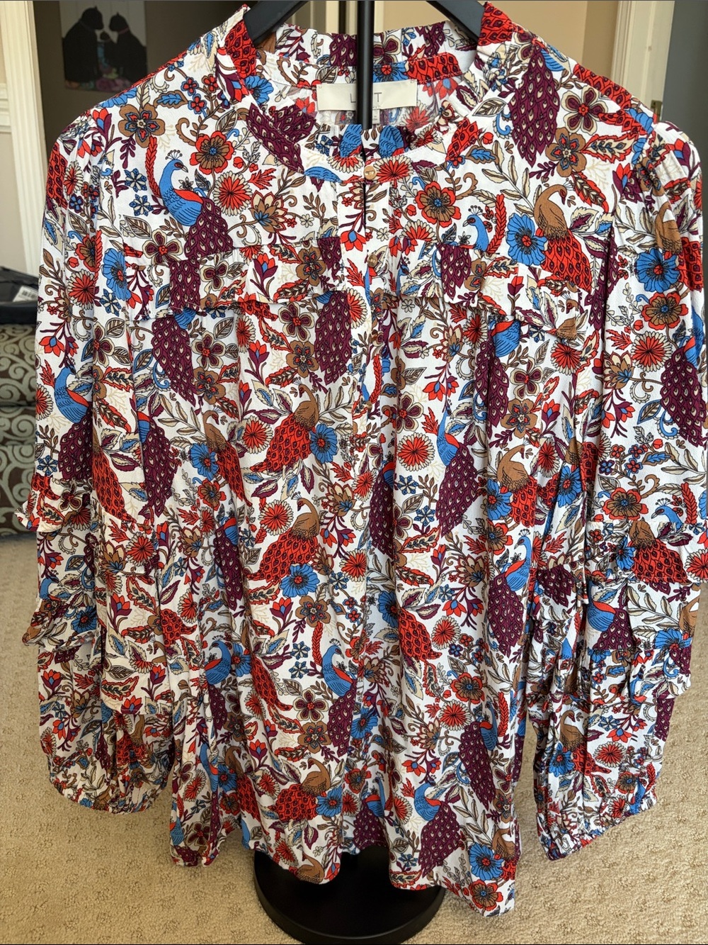 LOFT Ivory Blouse with Red, Blue & Brown Floral Bird Print